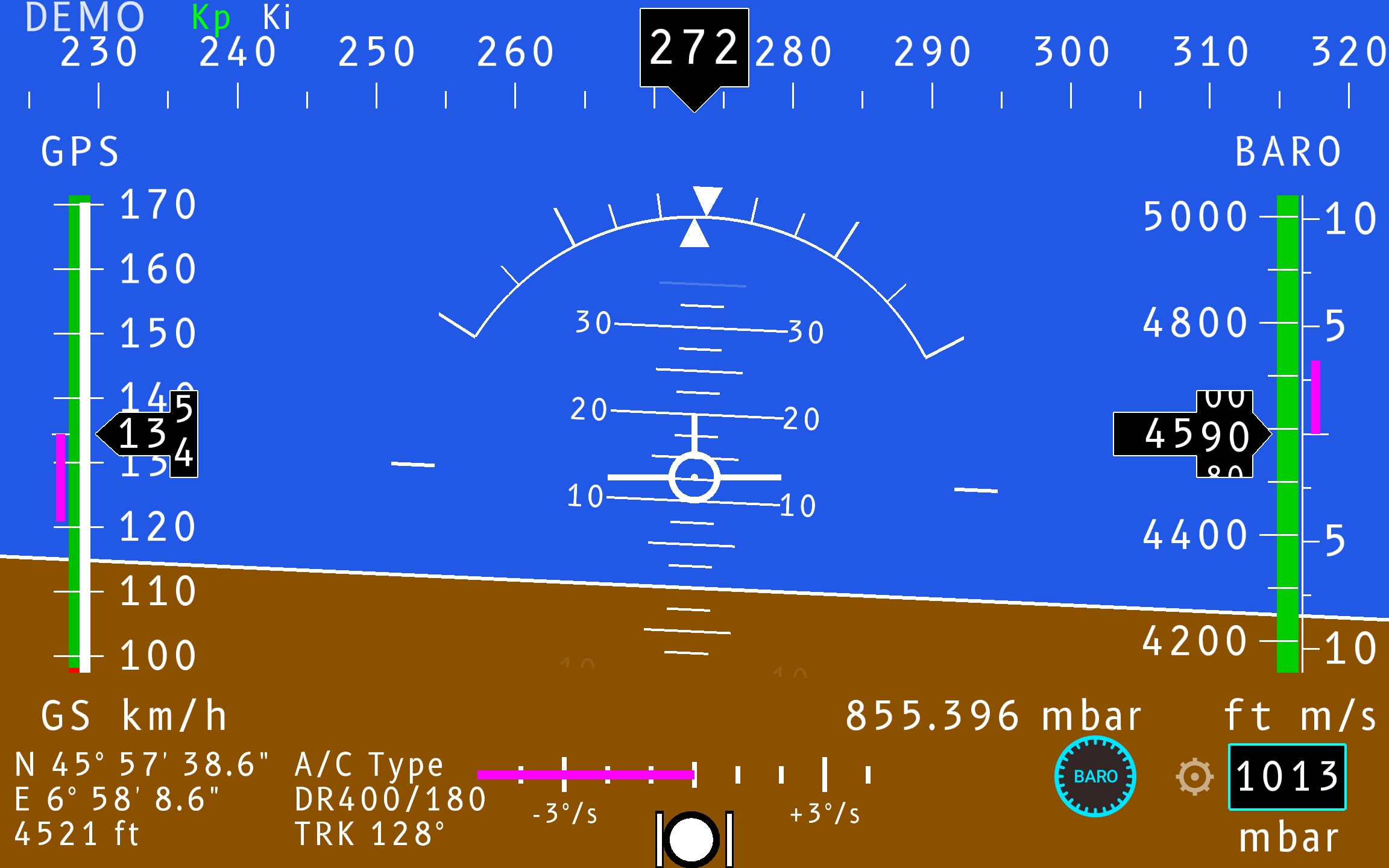 FlySys PFD in demo mode near Chamonix / Mont Blanc — heading 272°, GS 134 km/h, 4590 ft