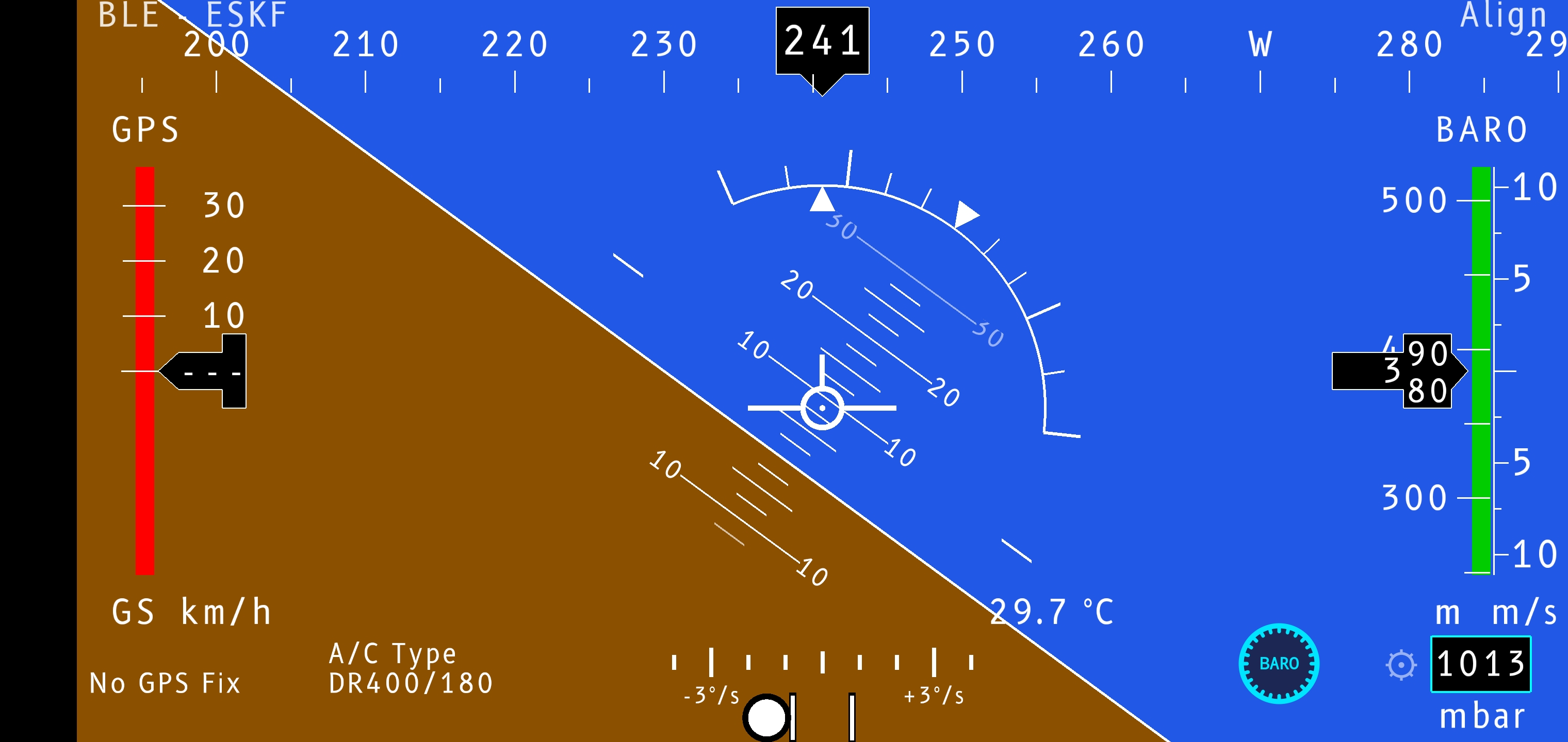 FlySys PFD in a steep right bank, horizon diagonal, heading 241°