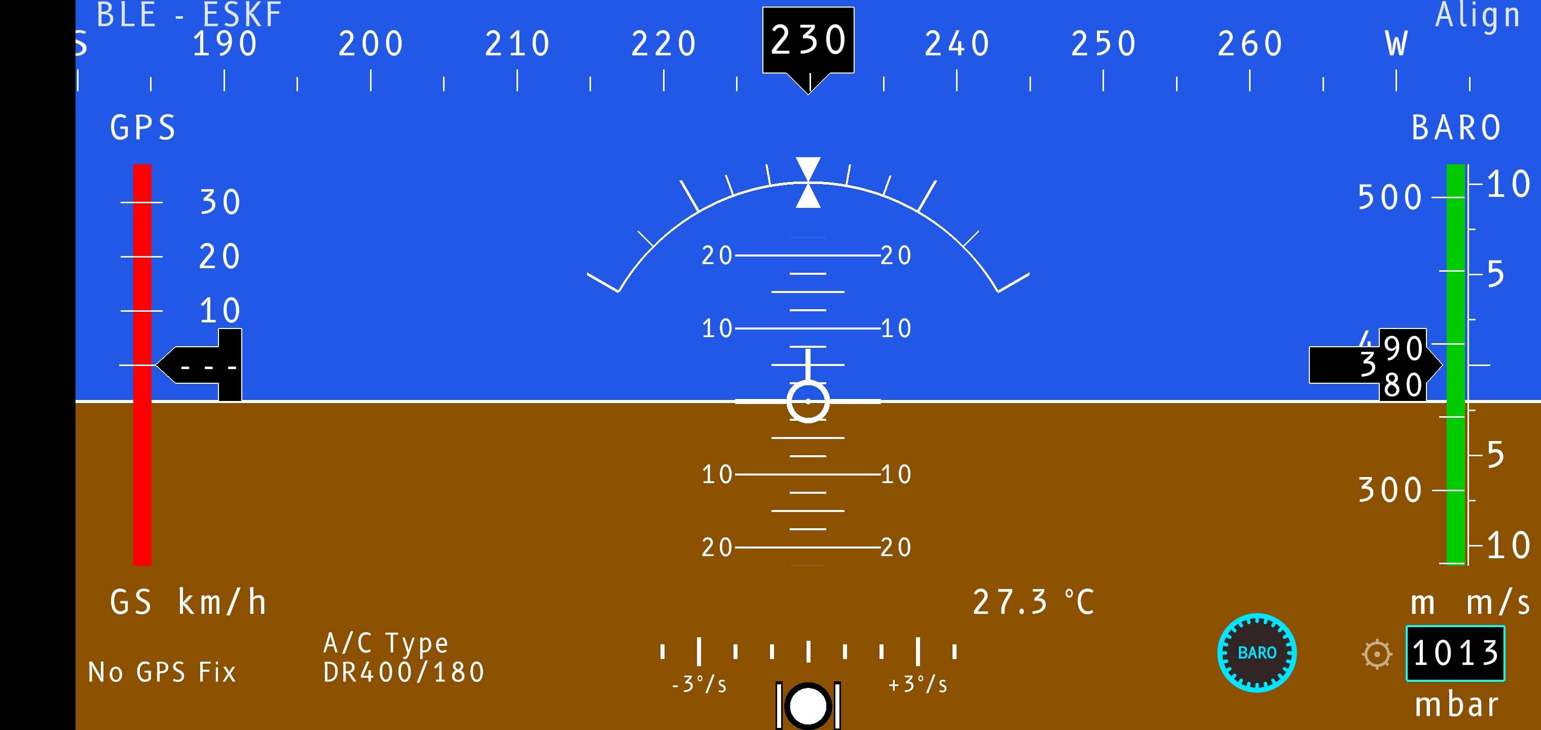 FlySys PFD with wings level, horizon centred, heading 230°