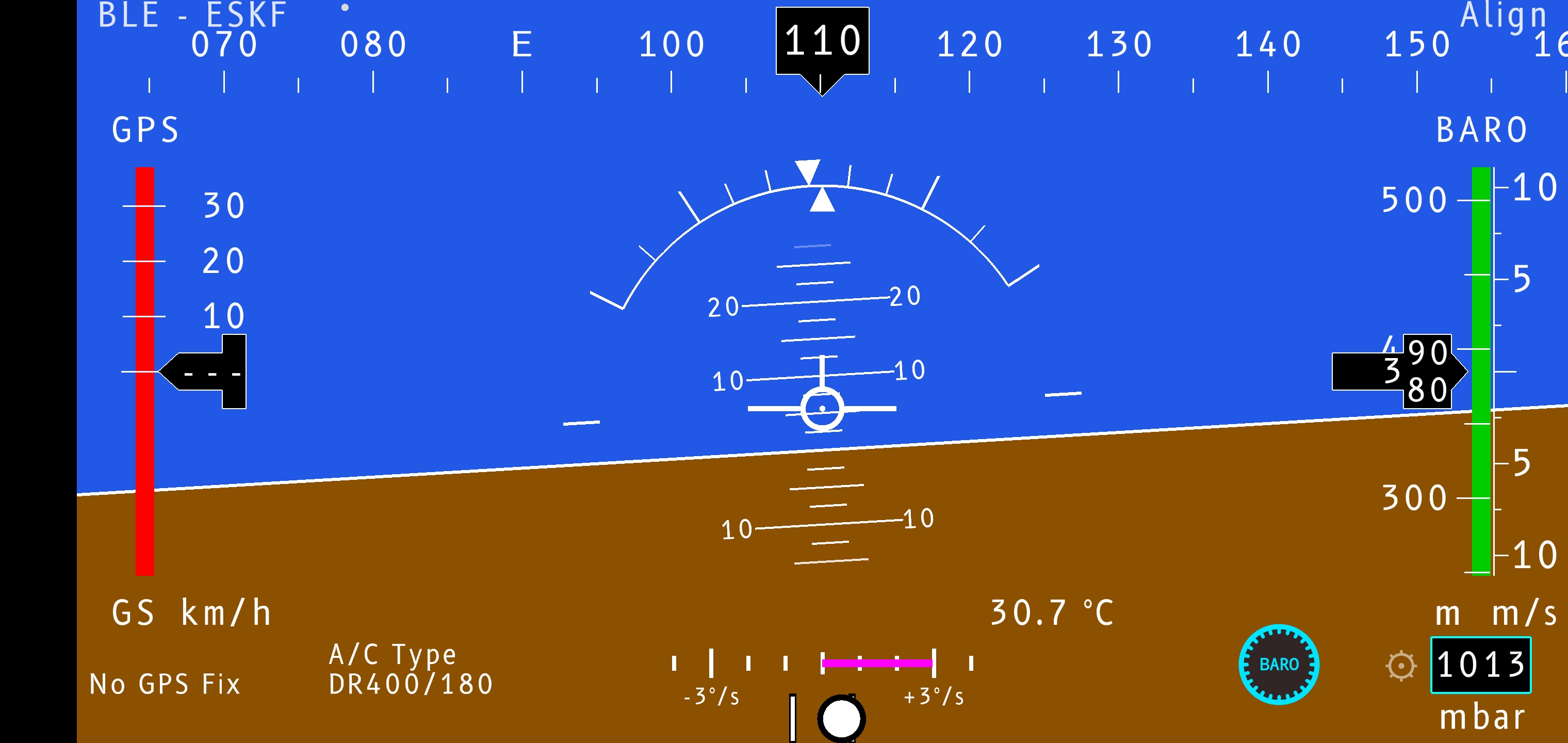 FlySys PFD in a right turn, slip ball deflected — turn-rate and slip indicators active